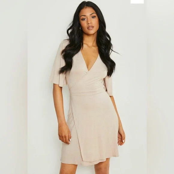 Stone Colored Wrap Over Dress - Picture 1 of 4